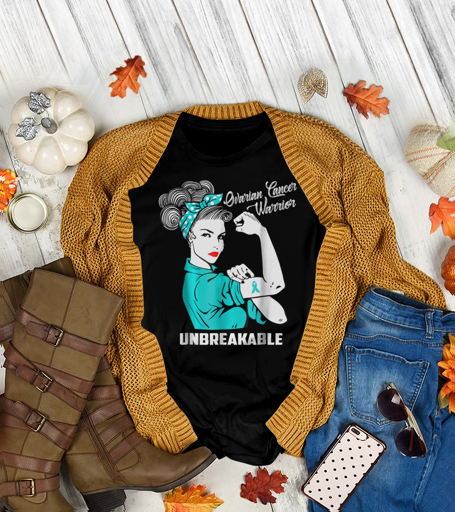 Ovarian Cancer Warrior Unbreakable Rosie the Riveter Style with Teal T-Shirt
