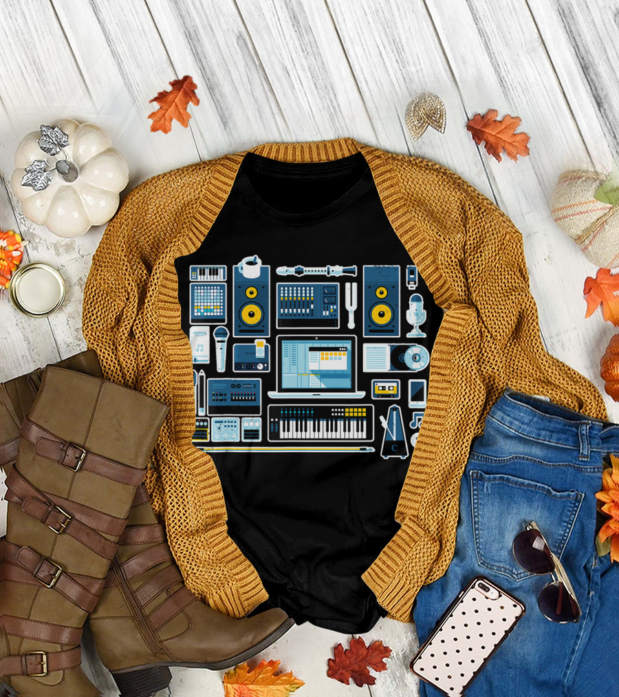 Sound Engineer Music Production Equipment Icons Keyboard Microphone Speakers Studio Setup T-Shirt