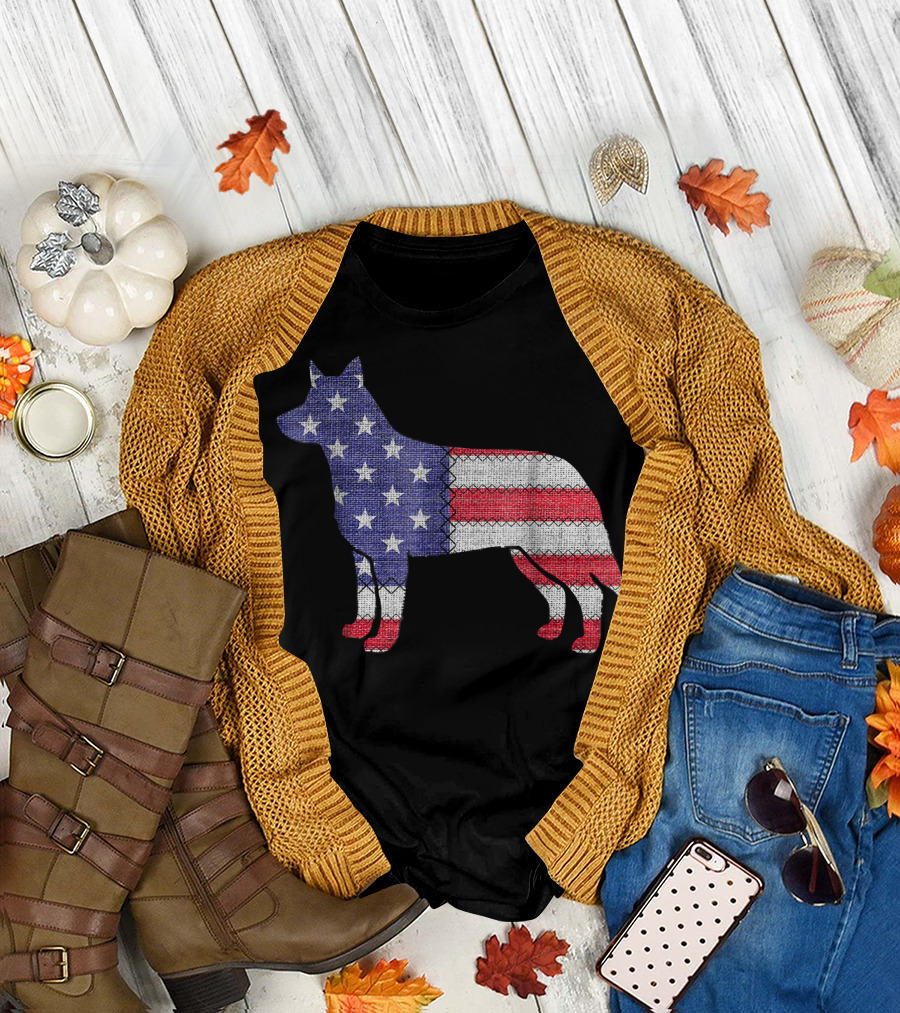 Patriotic Blue Heeler Silhouette with American Flag T-Shirt