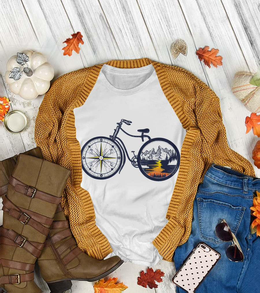 Retro Bicycle with Compass and Mountain Sunset Reflection T-Shirt