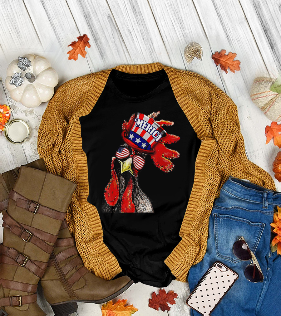 Rooster 'MERICA American Flag Hat and USA Sunglasses T-Shirt