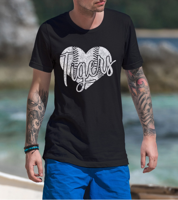Tigers Baseball Softball High School Heart Stitch T-Shirt