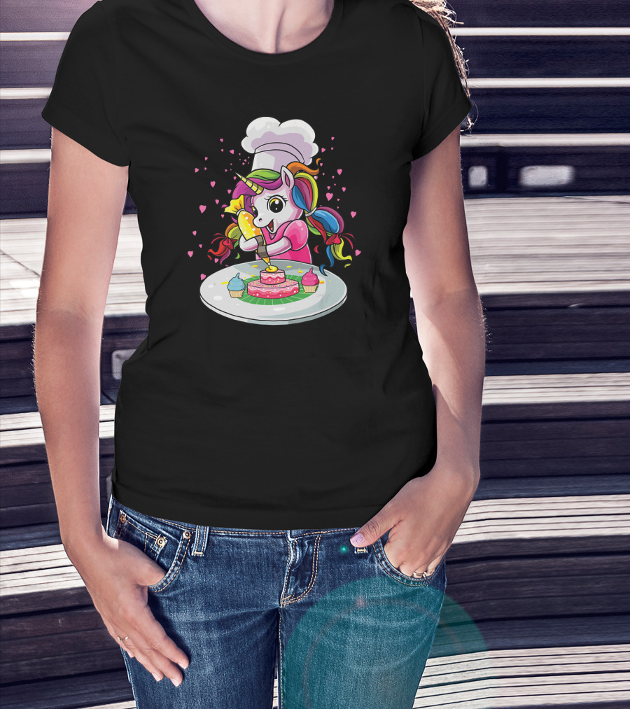 Unicorn Chef Decorating Colorful Cupcakes And Cake T-Shirt