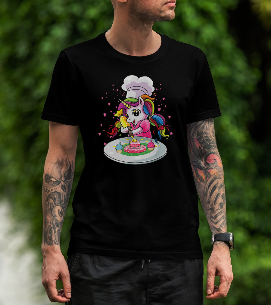 Unicorn Chef Decorating Colorful Cupcakes And Cake T-Shirt