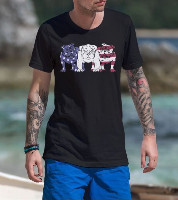 Unique Bulldog Trio American Flag T-Shirt