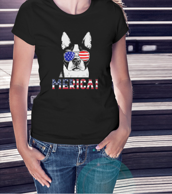 MERICA USA Flag French Bulldog Sunglasses T-Shirt