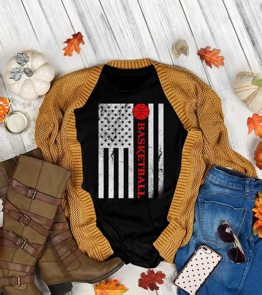 USA Red White Vintage American Flag Basketball T-Shirt