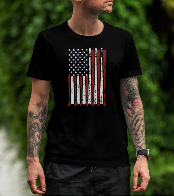 Vintage Distressed American Flag With Baseball Bats T-Shirt