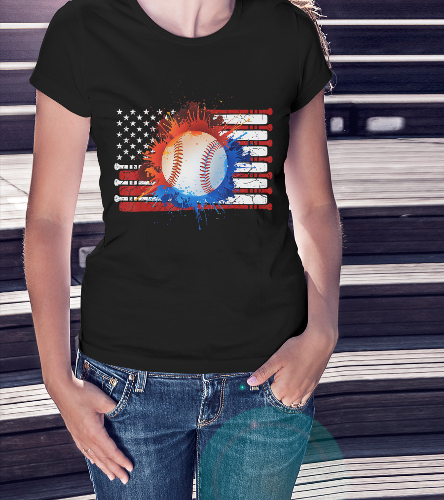 Vintage American Flag Baseball Softball With Paint Splatter And Bat Stripes T-Shirt