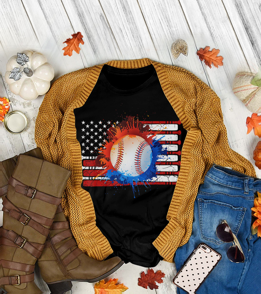 Vintage American Flag Baseball Softball with Paint Splatter and Bat Stripes T-Shirt
