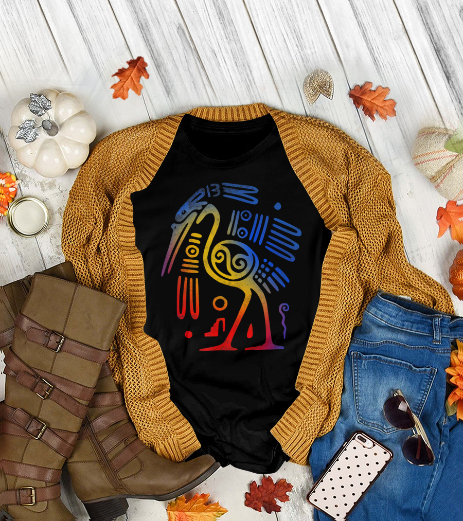 Vintage Aztec Bird Drawing with Temple Arch Elements T-Shirt