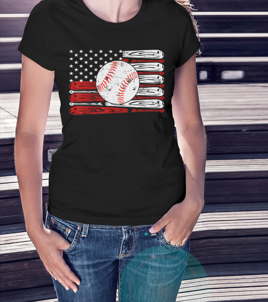 American Flag Vintage Baseball Bat Sports T-Shirt
