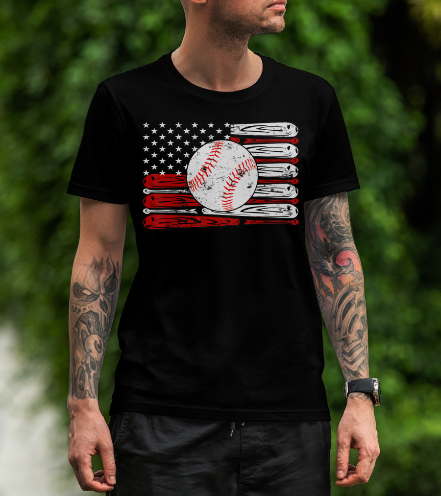American Flag Vintage Baseball Bat Sports T-Shirt