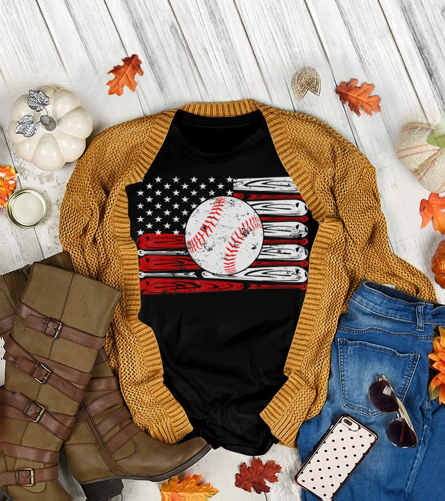 American Flag Vintage Baseball Bat Sports T-Shirt
