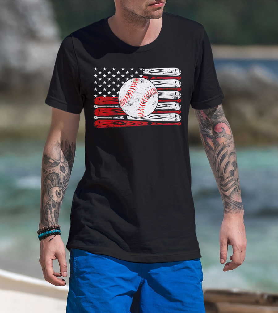 American Flag Vintage Baseball Bat Sports T-Shirt