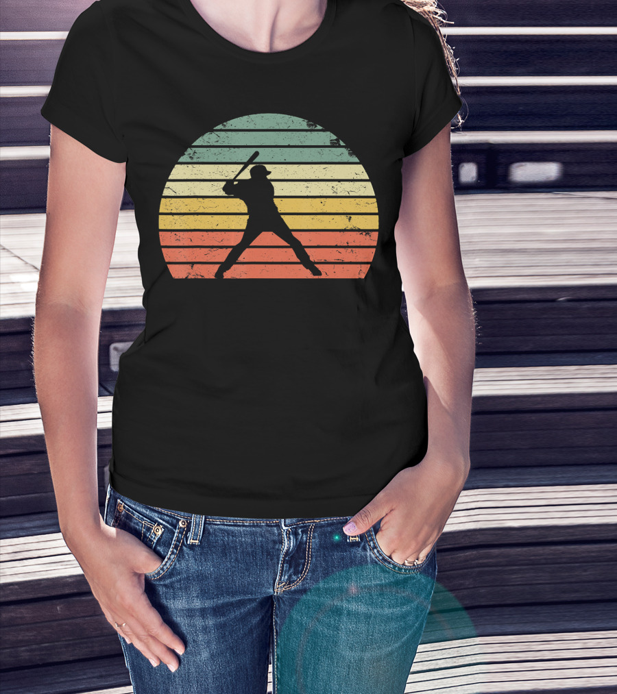 Vintage Baseball Batter Silhouette Retro Sunset Stripes T-Shirt