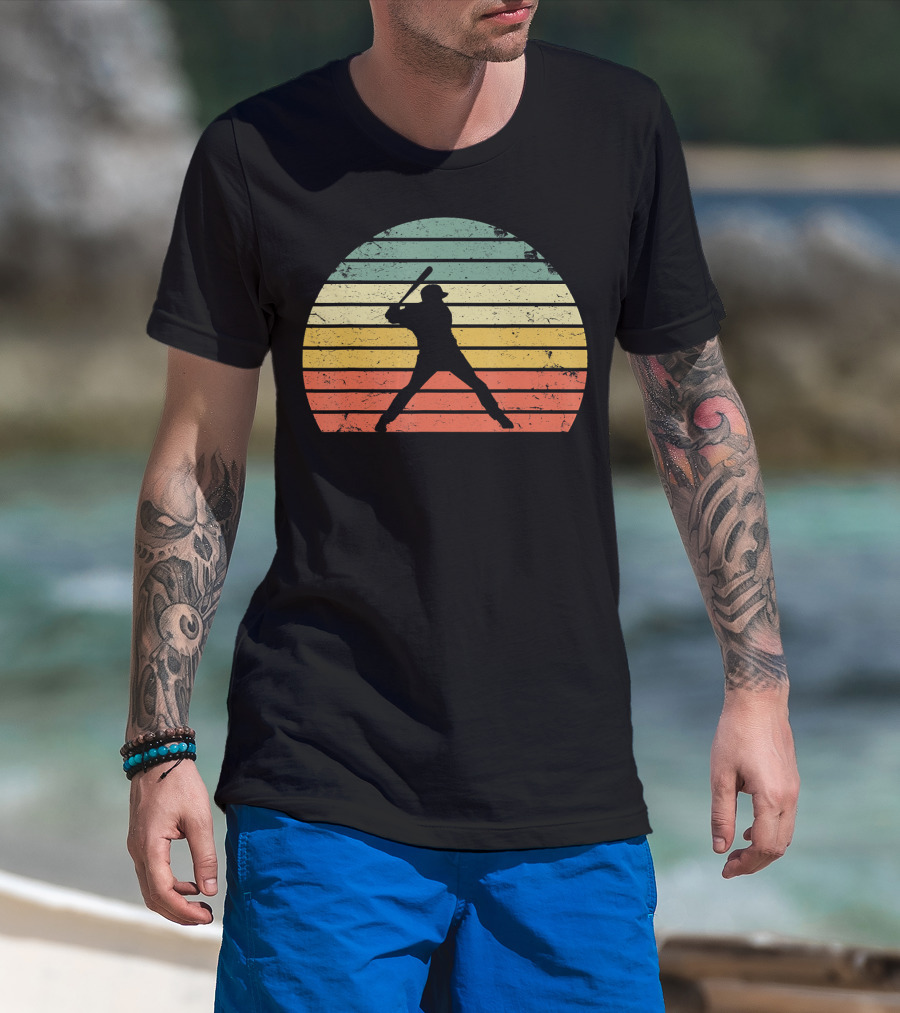 Vintage Baseball Batter Silhouette Retro Sunset Stripes T-Shirt