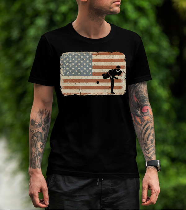 Vintage Baseball Pitcher Silhouette With American Flag Background T-Shirt