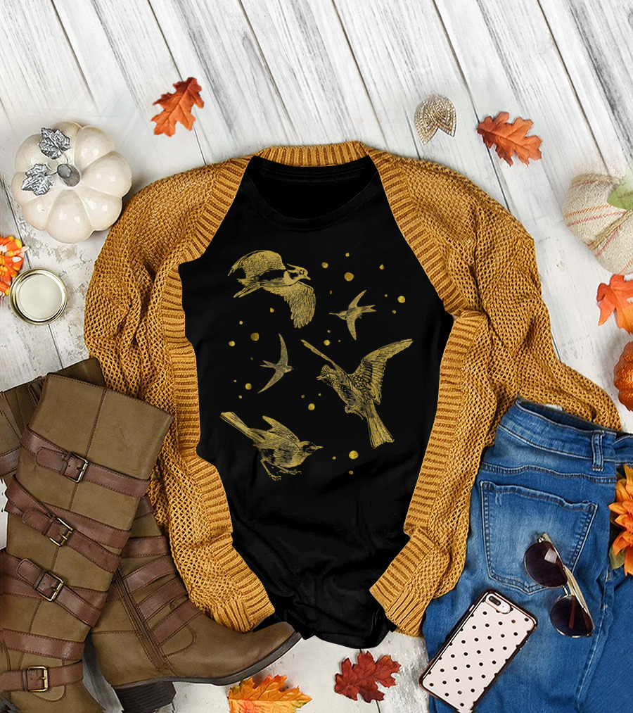 Vintage Flying Birds Humming Sparrow Gold T-Shirt
