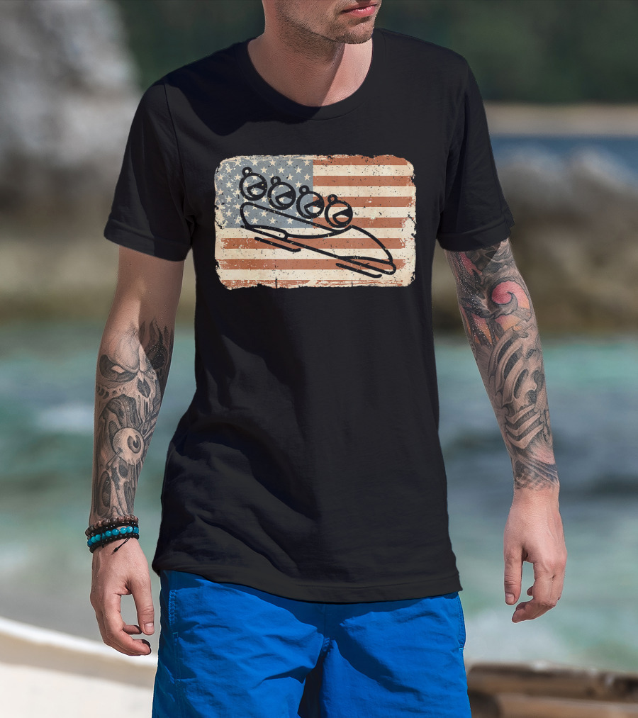 Vintage Bobsled Team On Distressed American Flag Background T-Shirt