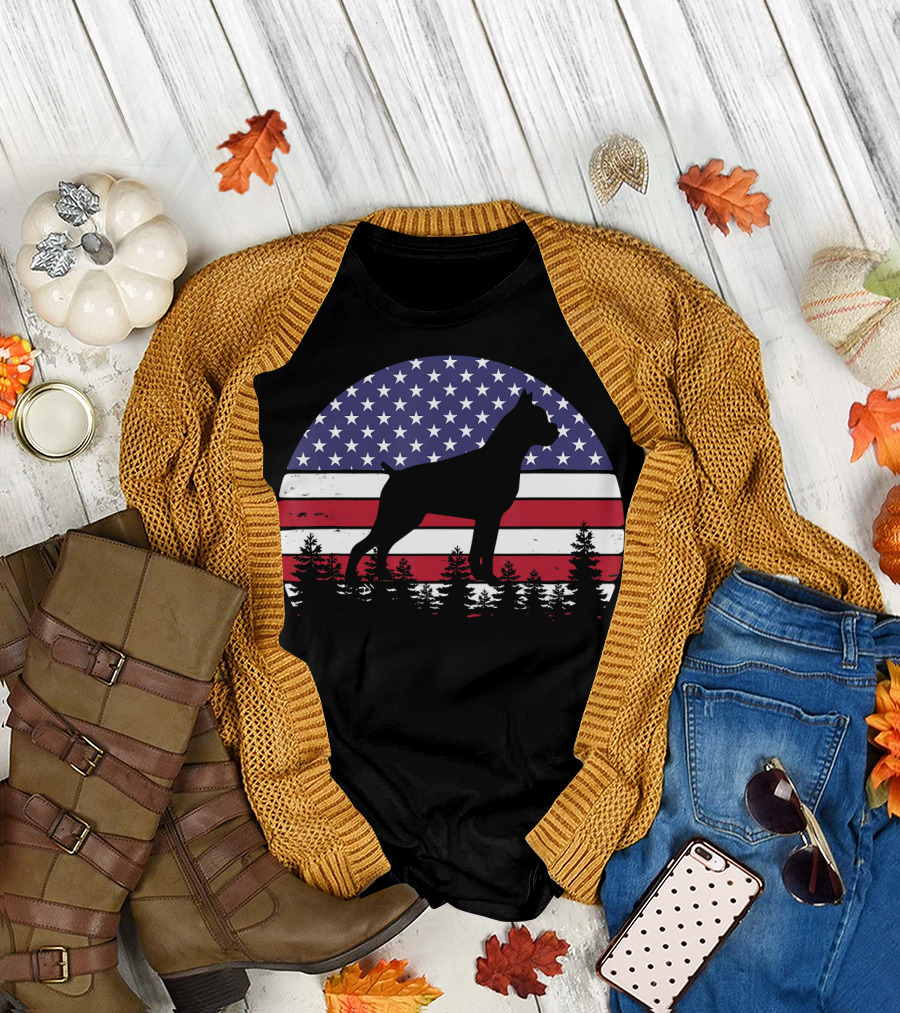 Vintage Boxer Dog American Flag USA 4th of July T-Shirt