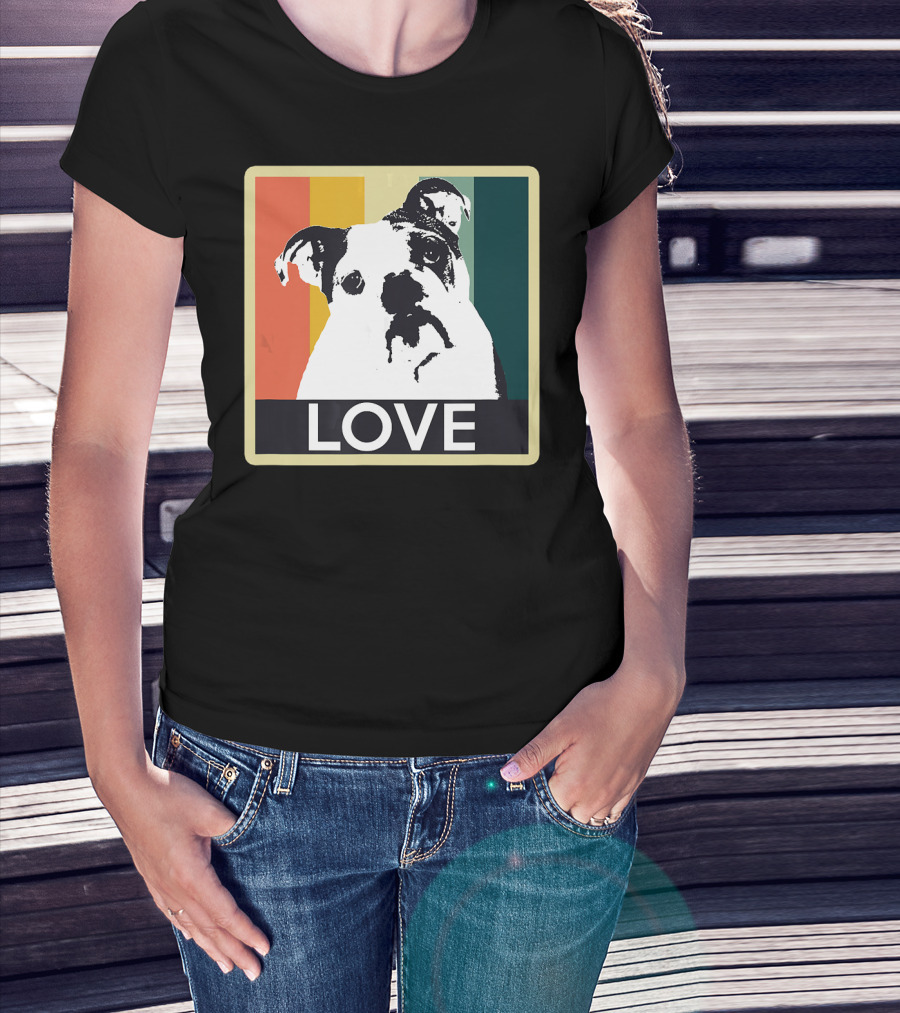 Vintage English Bulldog Love Retro Style Stripes T-Shirt