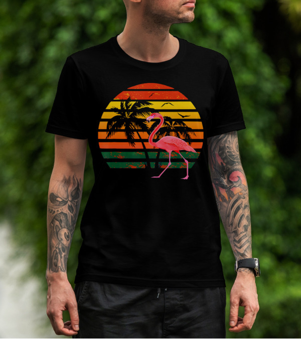 Vintage Flamingo Bird Tropical Sunset With Palm Trees And Birds T-Shirt