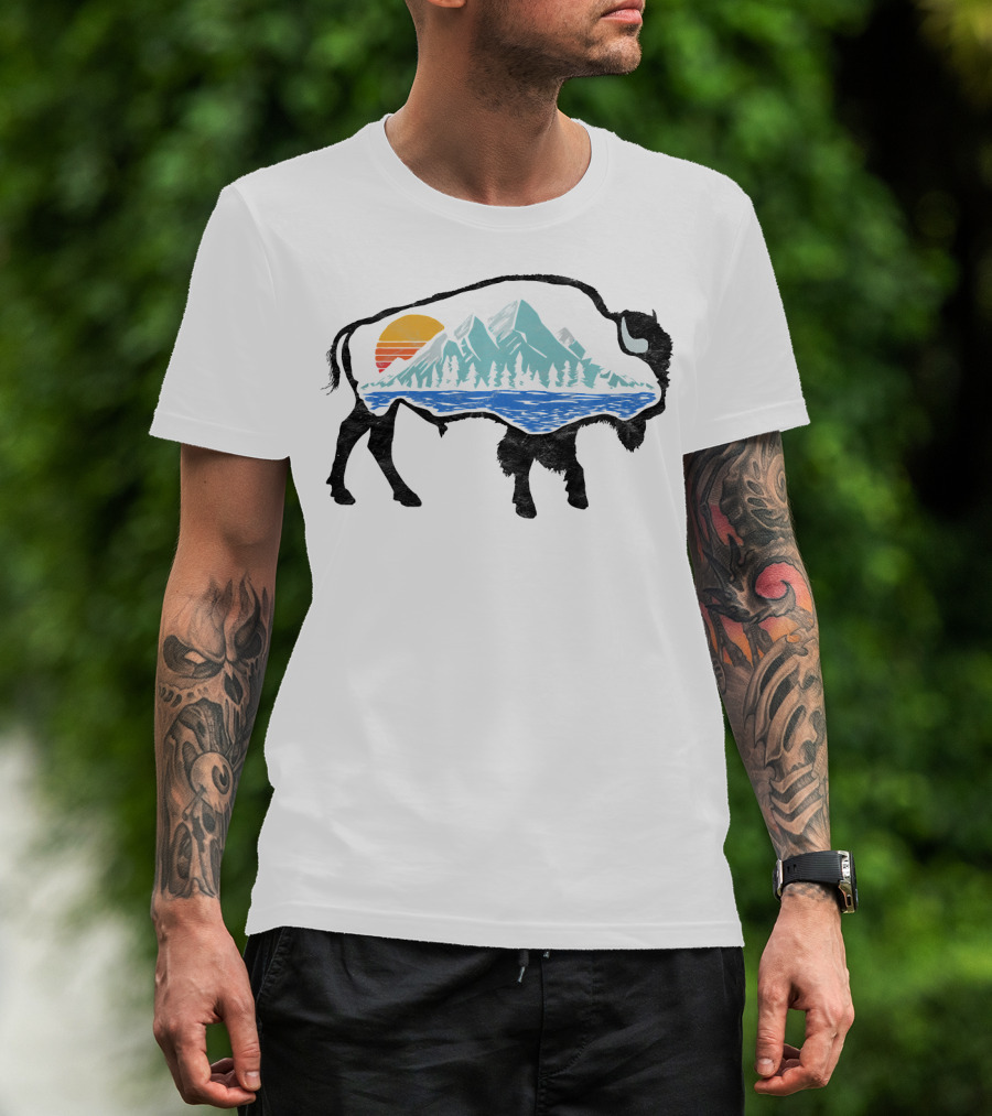 Vintage National Park Landscape Bison Mountain Sunset T-Shirt