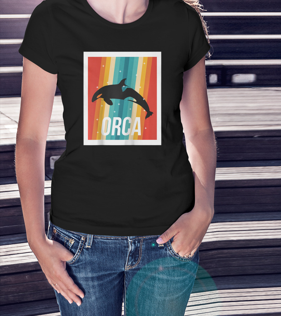 Vintage Orca Killer Whale Rainbow Stripes Retro Raglan Baseb T-Shirt
