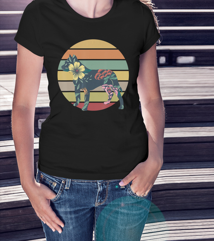 Vintage Floral Pitbull Silhouette Sunset Stripes T-Shirt