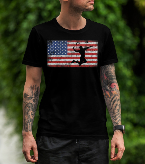 Vintage American Flag Badminton Player Silhouette Jumping Over T-Shirt