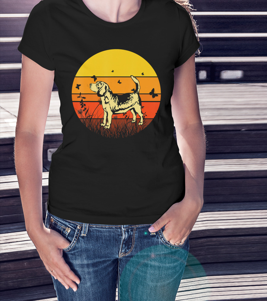 Vintage Beagle Sun With Butterflies And Grass T-Shirt
