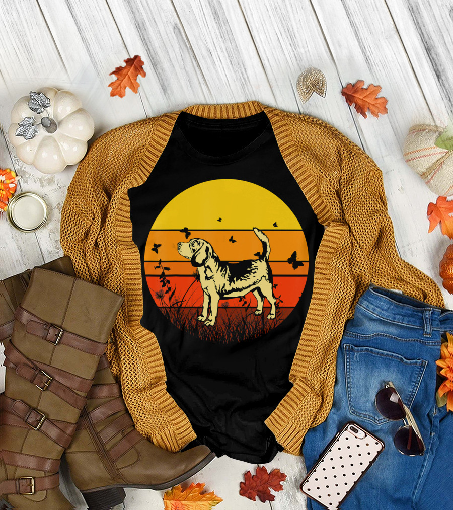 Vintage Beagle Sun with Butterflies and Grass T-Shirt