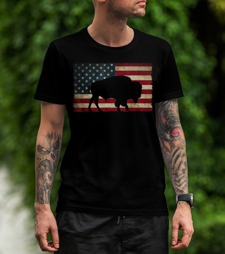 Vintage Buffalo Silhouette Over American Flag USA T-Shirt