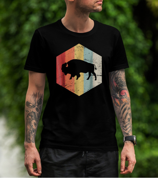 Vintage Buffalo Silhouette Retro Stripes Hexagon T-Shirt