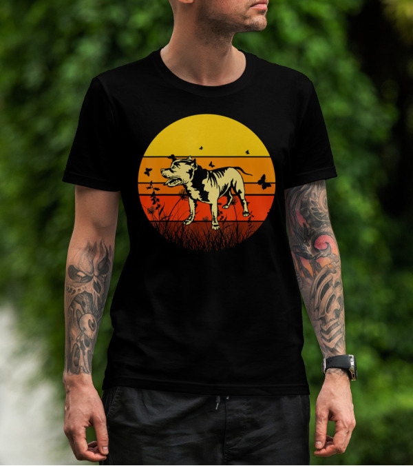 Vintage Pitbull Sun Animal With Butterflies And Birds T-Shirt