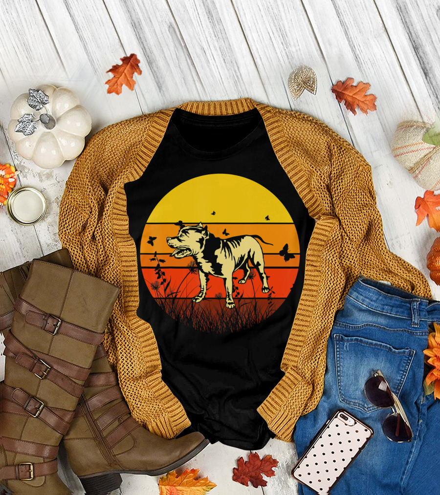 Vintage Pitbull Sun Animal with Butterflies and Birds T-Shirt