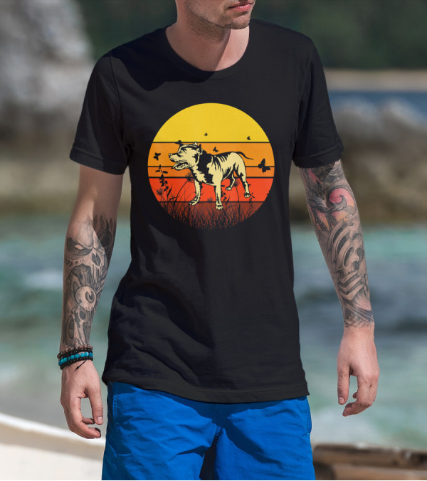 Vintage Pitbull Sun Animal With Butterflies And Birds T-Shirt