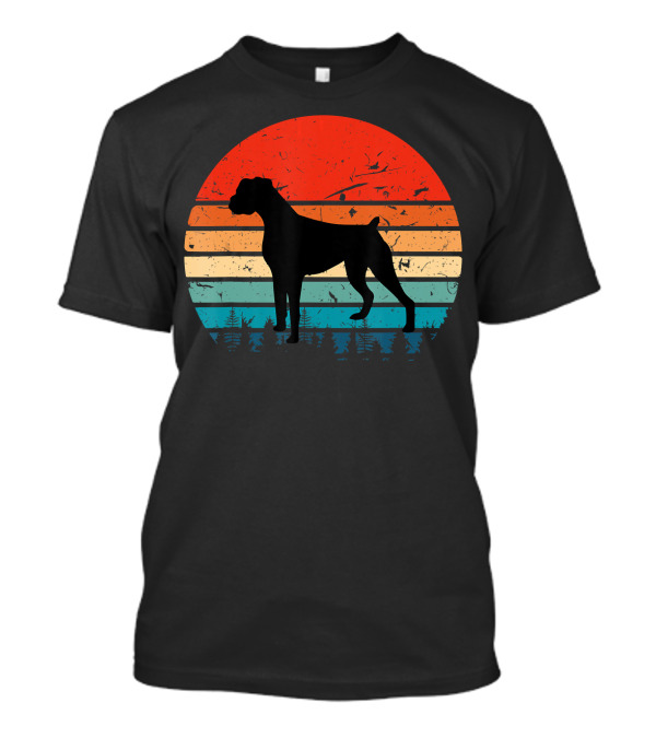 Vintage Boxer Dog Silhouette Retro Sunset Stripes Forest Scene T-Shirt