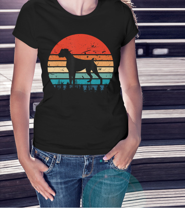 Vintage Boxer Dog Silhouette Retro Sunset Stripes Forest Scene T-Shirt