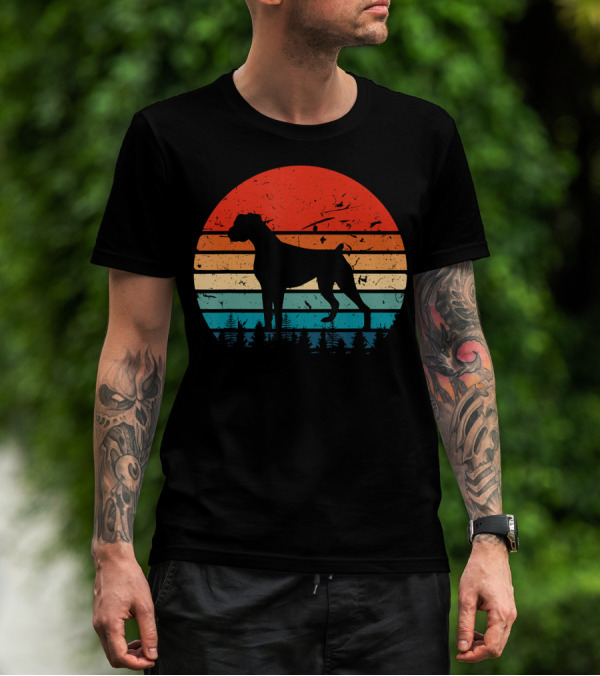 Vintage Boxer Dog Silhouette Retro Sunset Stripes Forest Scene T-Shirt