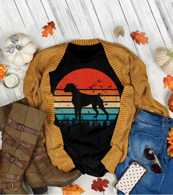 Vintage Boxer Dog Silhouette Retro Sunset Stripes Forest Scene T-Shirt