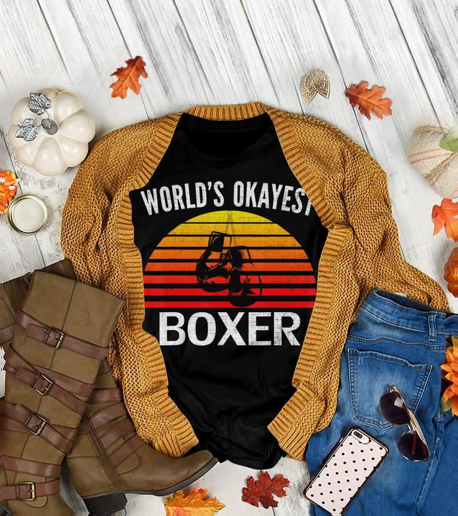 World's Okayest Boxer Vintage Funny Boxing Gloves Sunset T-Shirt