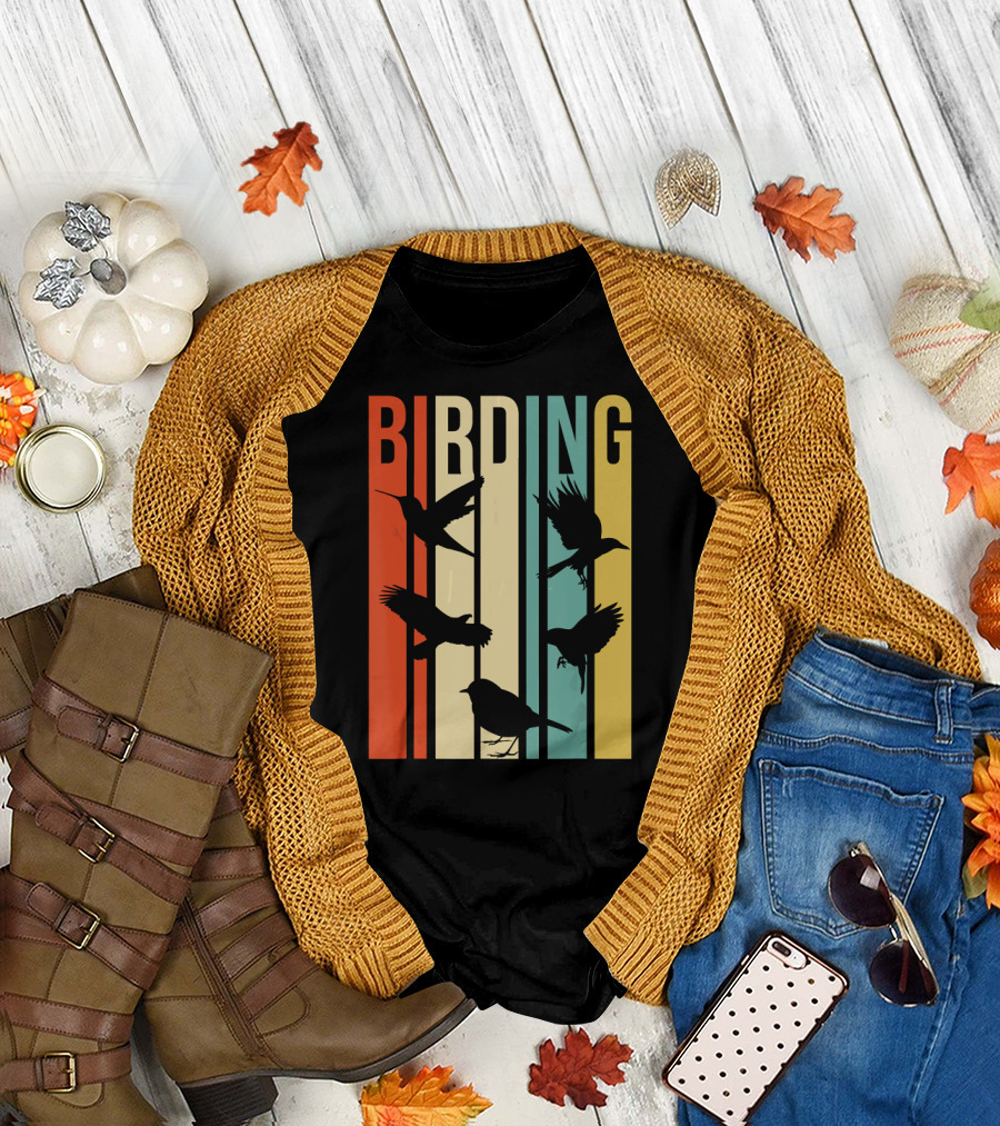 Vintage Style Birding For Birders with Bird Silhouettes on Colorful Stripes T-Shirt