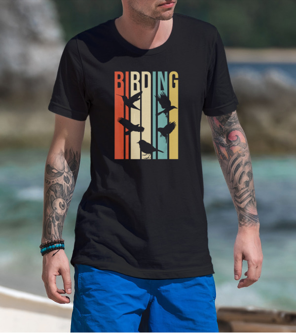 Vintage Style Birding For Birders With Bird Silhouettes On Colorful Stripes T-Shirt