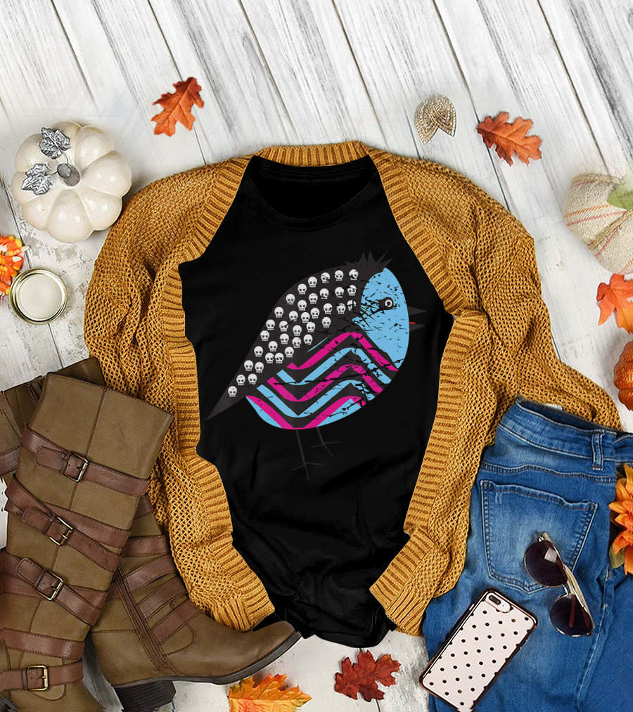 Weird Monster Tiny Bird with Skulls and Colorful Stripes T-Shirt