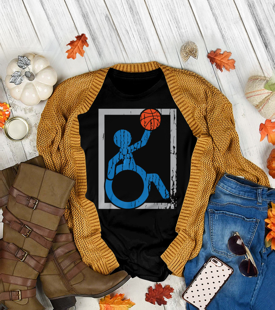 Wheelchair Basketball Icon Blue Figure with Orange Ball T-Shirt