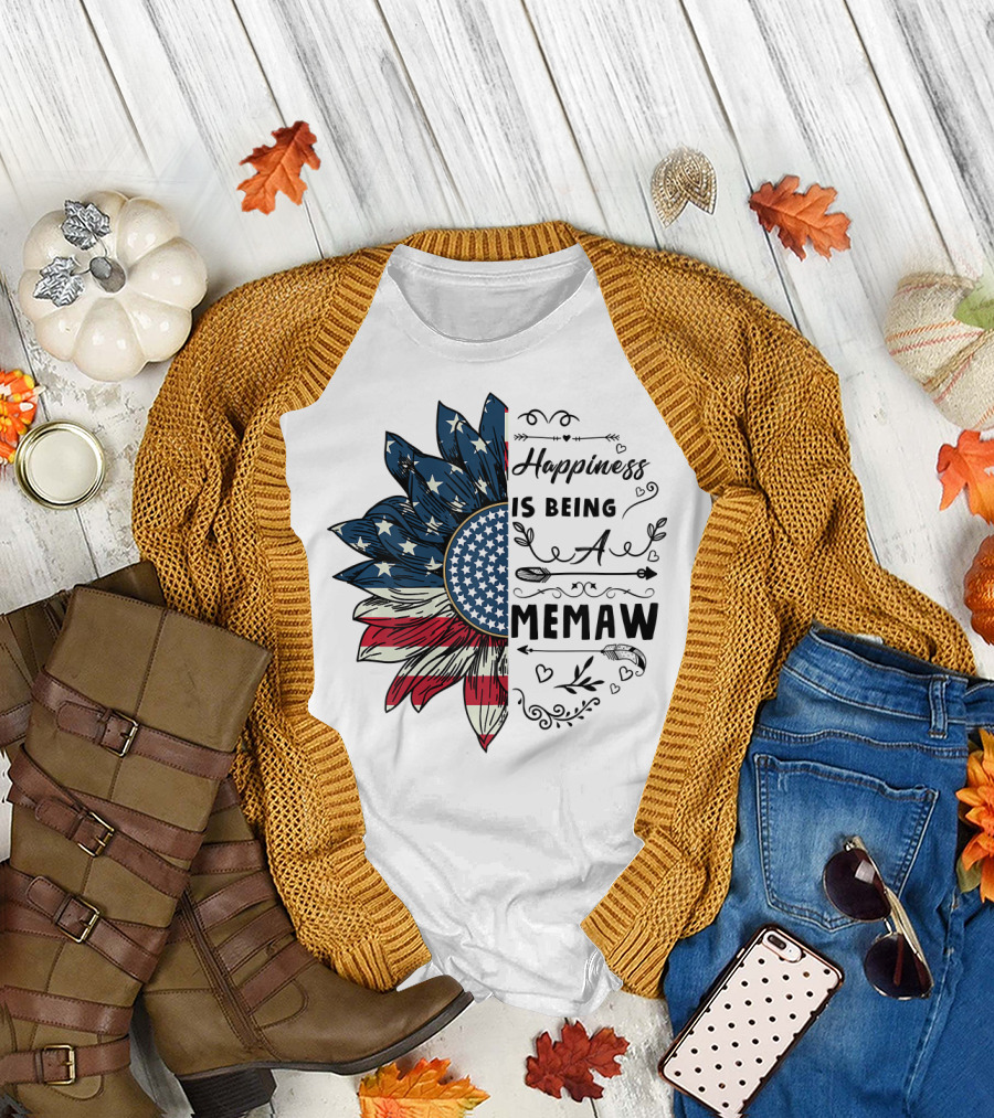 Happiness Is Being A Memaw Sunflower American Flag T-Shirt