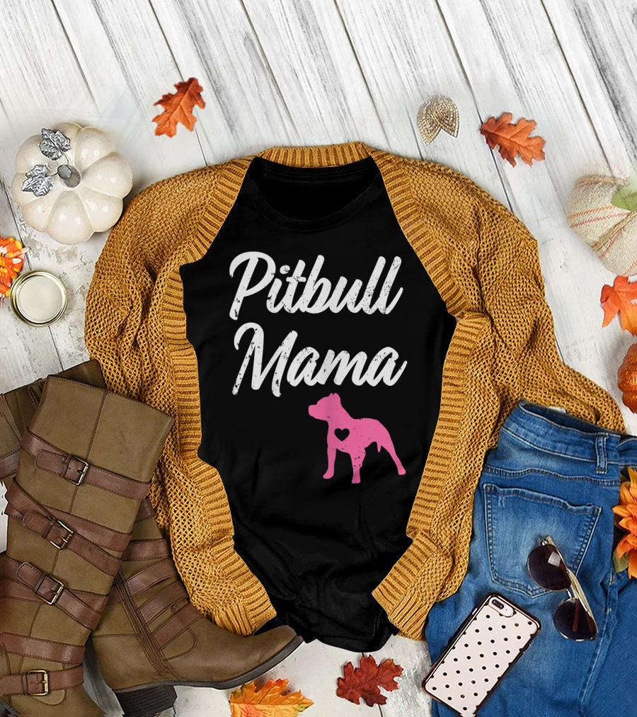 Pitbull Mama Funny Womens Pit with Pink Heart Dog T-Shirt