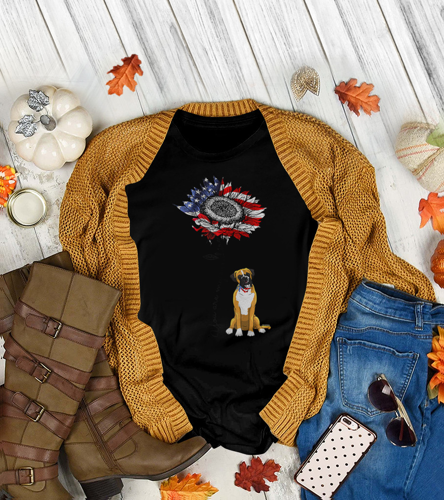 You Are My Sunshine Boxer Dog American Flag Sunflower T-Shirt